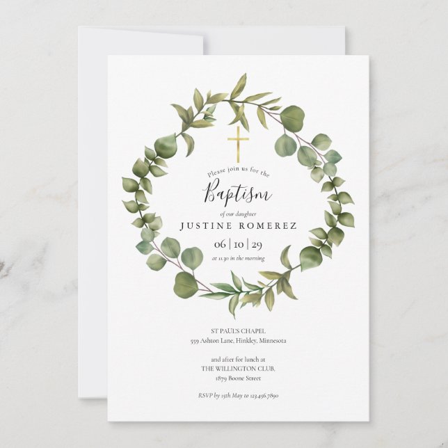 Invitación Bautizo Verde Eucalipto Bosque (Anverso)