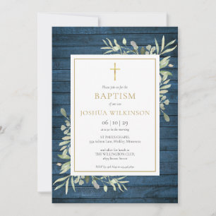 Invitación Bautizo Verde Madera Rústica Azul