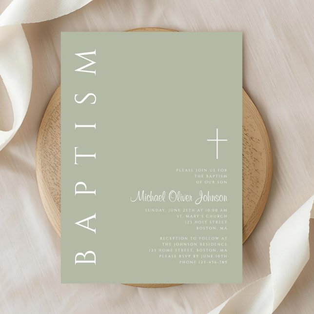 Invitación Bautizo Verde Sage de Letra Elegante Moderna (Modern Elegant Script Sage Green Baptism Invitation)