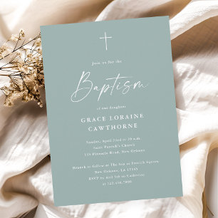 Invitación Bautizo Verde Sage de Letra Moderna y Elegante