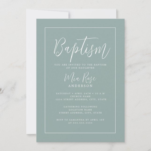 Invitación Bautizo Verde Sage Moderno (Anverso)