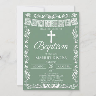Invitación Bautizo Verde Sage Papel Picado