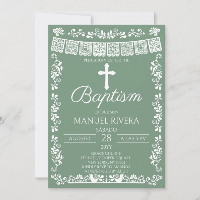 Invitación Bautizo Verde Sage Papel Picado (Anverso)