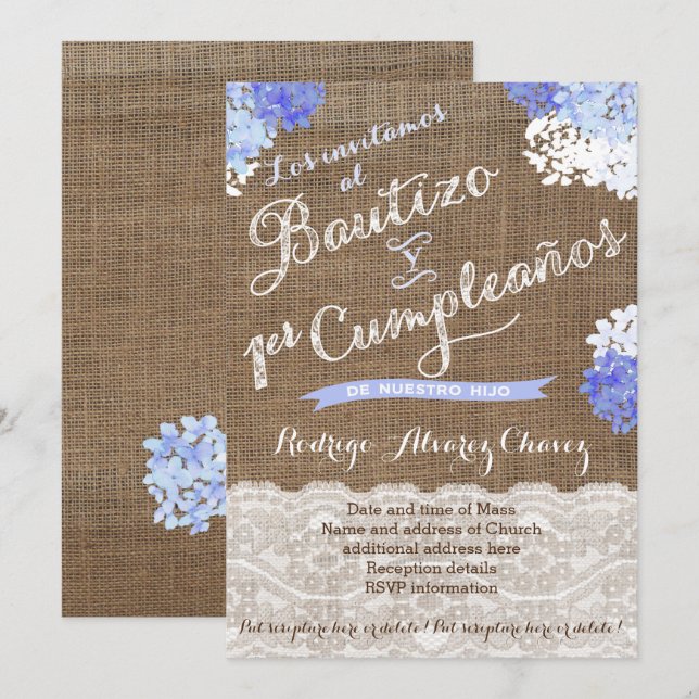 Invitación Bautizo y 1er・, bautismo latino Cumpleaños (Anverso / Reverso)