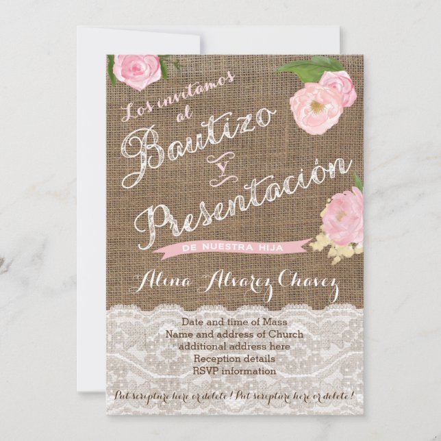 Invitación Bautizo y facil, niña, arpillera, encaje (Anverso)