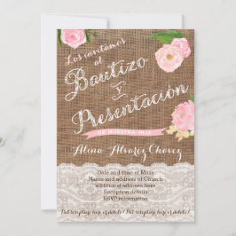 Invitación Bautizo y facil, niña, arpillera, encaje