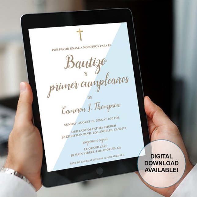 Invitación Bautizo y primer cumpleaños Baptismo Azul español (DIGITAL DOWNLOAD BAUTIZO 7 PRIMER CUMPEAÑOS)