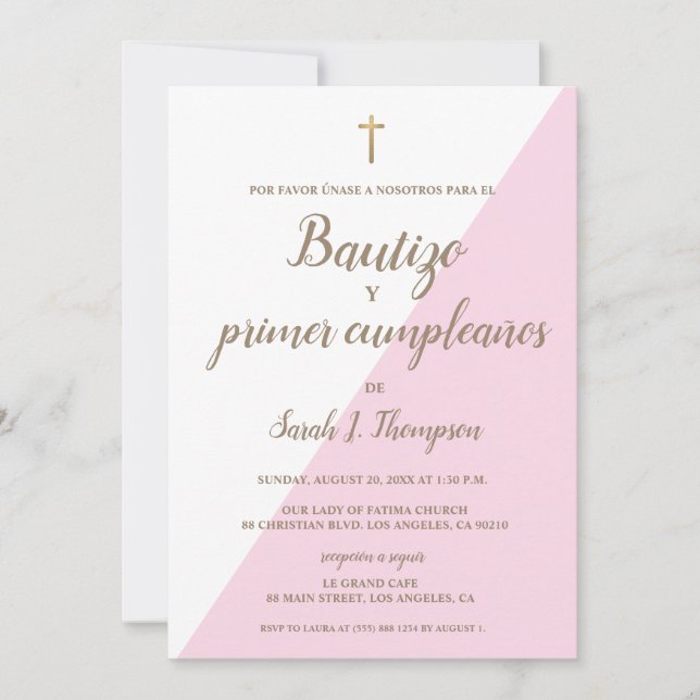 Invitación Bautizo y Primer cumpleaños Baptismo Rosado españo (Anverso)