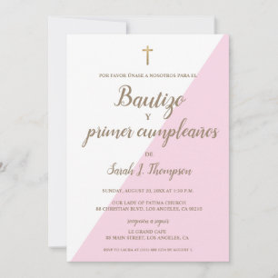 Invitación Bautizo y Primer cumpleaños Baptismo Rosado españo