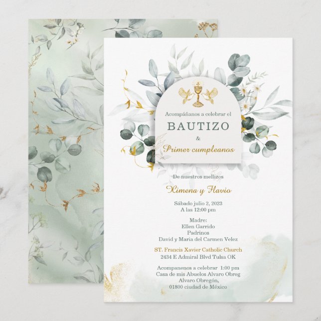 Invitación Bautizo y Primer Cumpleanos de Mellizos (Anverso / Reverso)