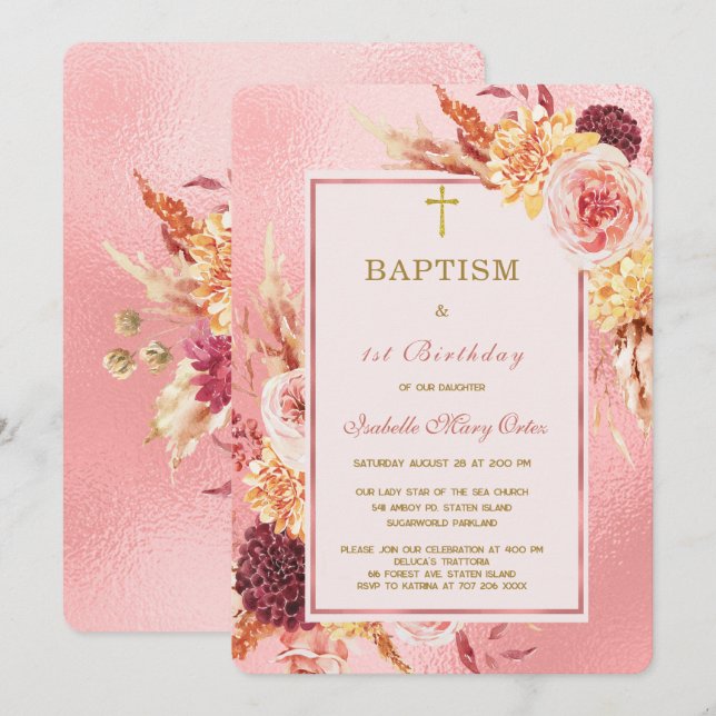 Invitación Bautizo y Primer Cumpleaños en Rosa Dorado (Anverso / Reverso)