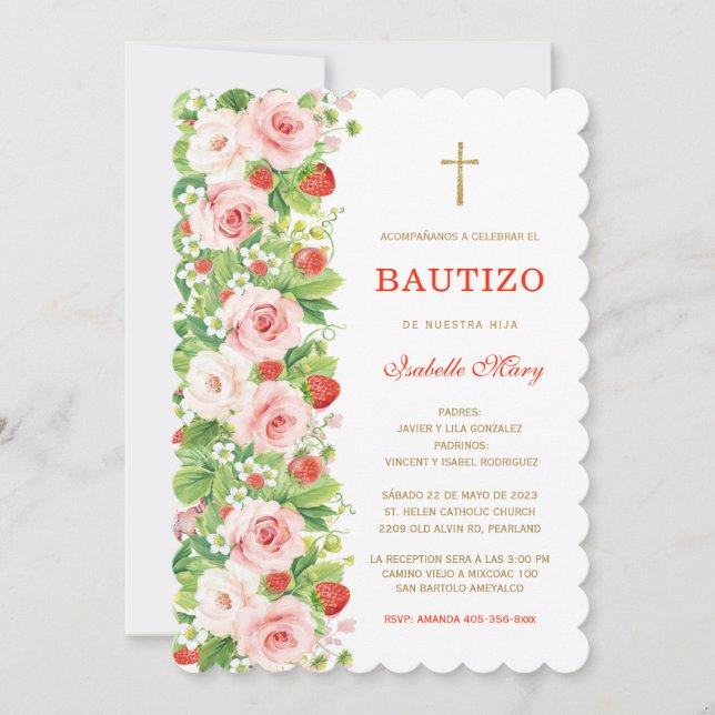 Invitación Bautizo y Primer Cumpleaños Fresa se traduce como  (Anverso)