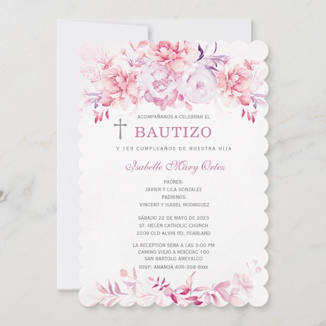 Invitación Bautizo y primer cumpleaños Niña (Anverso)