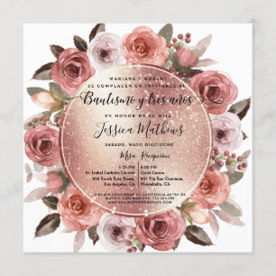 Invitación Bautizo y Tres Años Rubor Rosa Floral Purpurina de