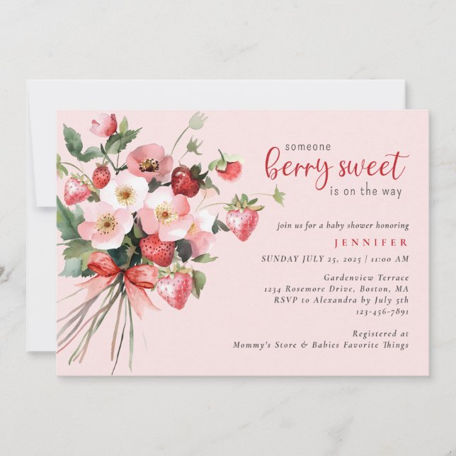 Invitación Baya Dulce Fiesta de Bienvenida de Bebé Rosa (Anverso)