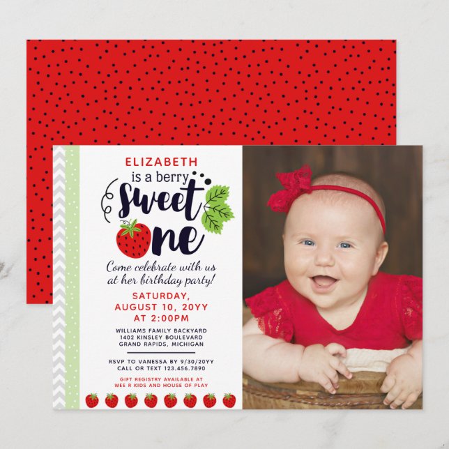 Invitación Baya Dulce UNO Fresa Bebé Primer Cumpleaños (Anverso / Reverso)