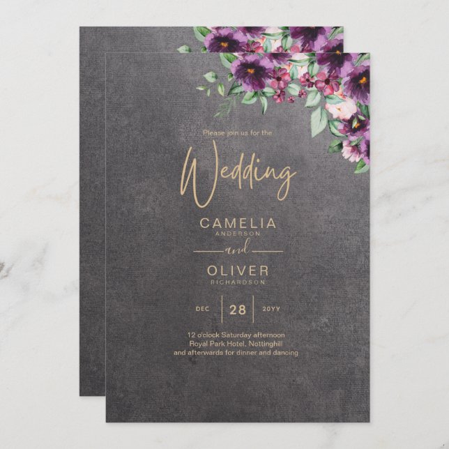 Invitación Baya Gris Plateado Floral Boda Invierno Otoño (Anverso / Reverso)