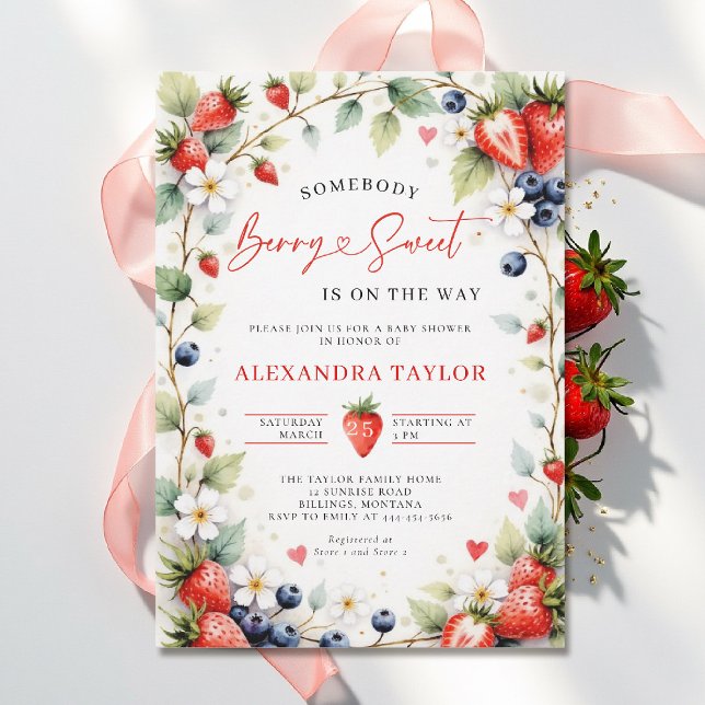Invitación Bayas Botánicas Dulces Jardín Shower de Bebé (berry sweet baby shower invitation fruit theme strawberry berries watercolor spring summer garden)