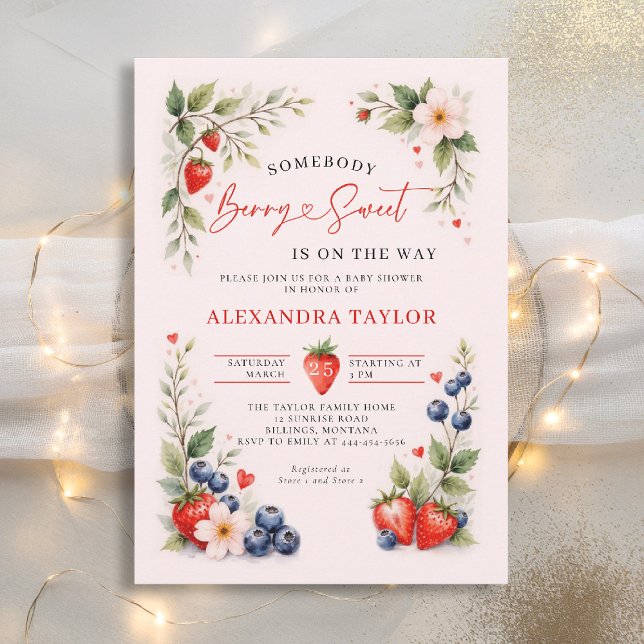Invitación Bayas Botánicas Dulces Rosadas Shower de Bebé (berry sweet baby shower invitation fruit theme strawberry blueberry berries botanical watercolor)