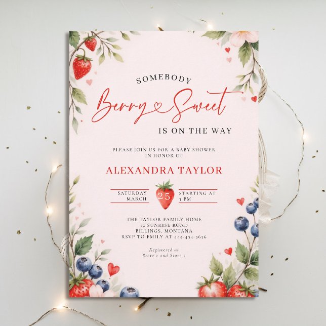 Invitación Bayas Botánicas Dulces Rosadas Shower de Bienvenid (berry sweet baby shower invitation fruit theme strawberry berries botanical watercolor pink)