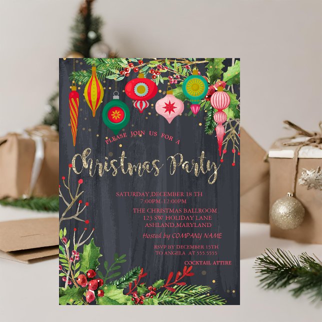 Invitación Bayas de Acebo,Bolas Retro de Navidad Negra (Subido por el creador)