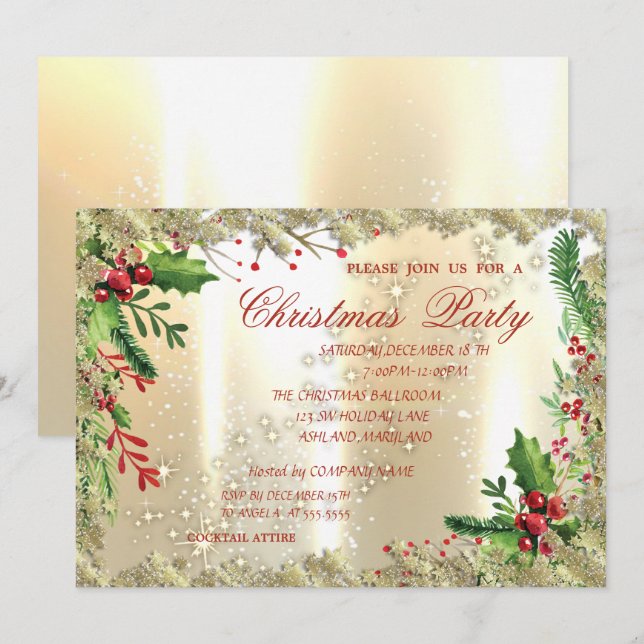 Invitación Bayas de Acebo, Copos de Nieve, Fiesta de Navidad  (Anverso / Reverso)