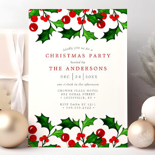 Invitación Bayas de Acebo Elegante a la Acuarela Fiesta de Na