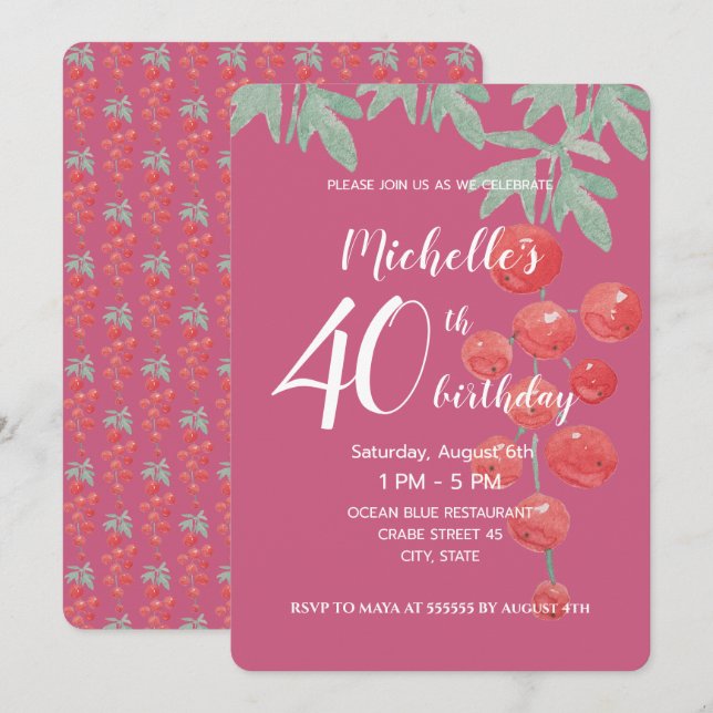 Invitación Bayas de grosella roja acuarela pintadas a mano (Anverso / Reverso)