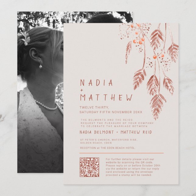 Invitación Bayas de hierba tan terracota acuarela foto (Anverso / Reverso)