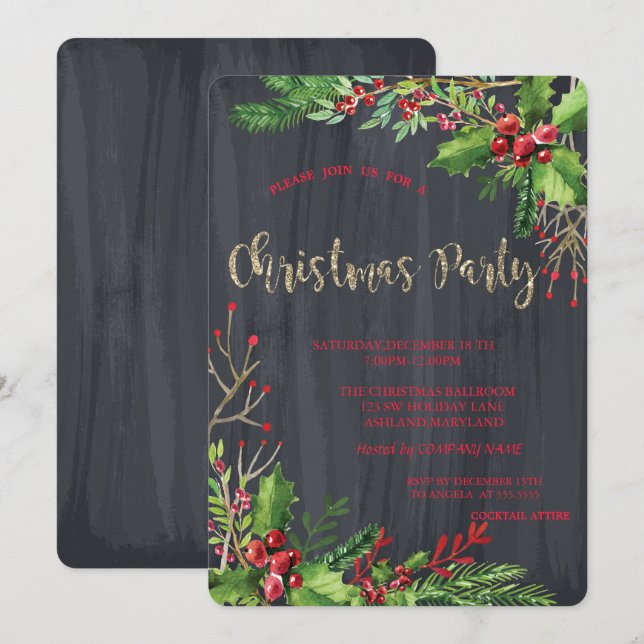 Invitación Bayas de Holly, Fiesta de Navidad de la Compañía N (Anverso / Reverso)