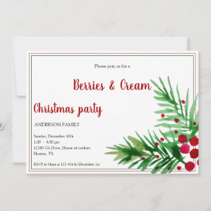 Invitación Bayas de Navidad y Crema en Rojo y Verde