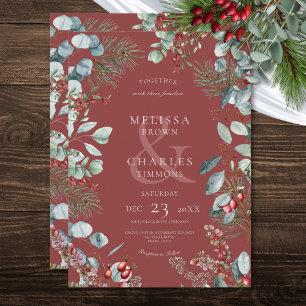Invitación Bayas de Pino Rojo de Invierno Eucalipto de Boda