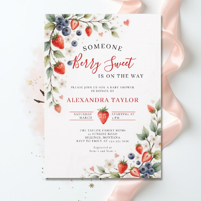 Invitación Bayas Dulces Viñas de Jardín de Bebé Shower (berry sweet baby shower invitation fruit strawberry theme watercolor summer garden cottagecore)