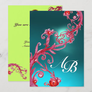 Invitación BAYAS MÁGICAS 3, AQUAMARINA MONOGRAMA rojo azul