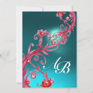 Invitación BAYAS MÁGICAS 3,MONOGRAMA aquamarina roja azul