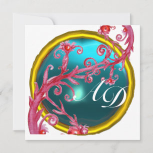 Invitación BAYAS MÁGICAS 4, MONOGRAM aquamarina azul