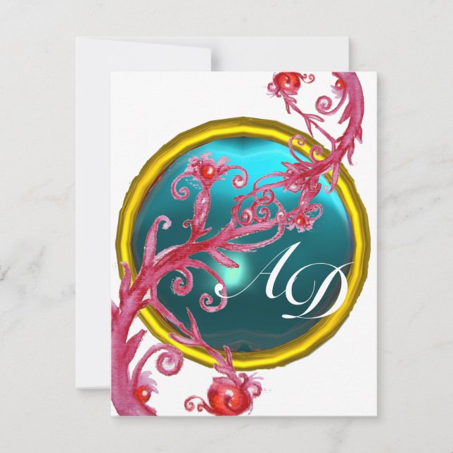 Invitación BAYAS MÁGICAS 4, MONOGRAM aquamarina azul (Anverso)