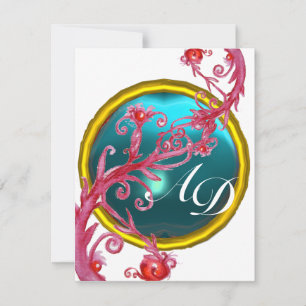 Invitación BAYAS MÁGICAS 4, MONOGRAM aquamarina azul
