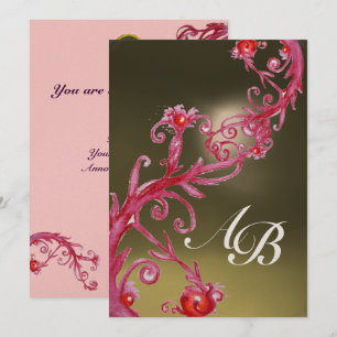 Invitación BAYAS MÁGICAS 4, MONOGRAM dorado metálico rosa roj