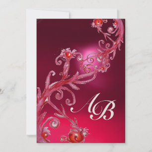 Invitación BAYAS MÁGICAS 4, MONOGRAM rojo rubí metálico dorad