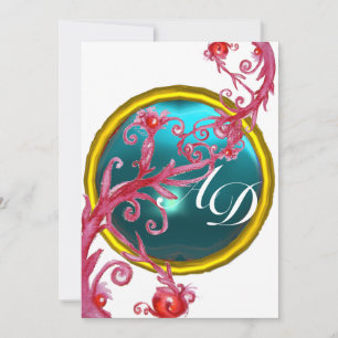 Invitación BAYAS MÁGICAS 4, MONOGRAMA aquamarina azul