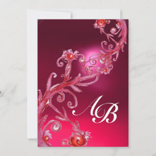 Invitación BAYAS MÁGICAS 4, MONOGRAMA rojo rosa verde morado