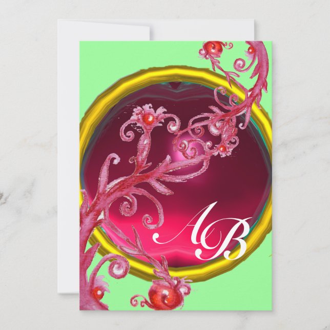 Invitación BAYAS MÁGICAS 4, MONOGRAMA rojo rubí (Anverso)