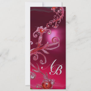 Invitación BAYAS MÁGICAS 4, MONOGRAMA rojo rubí blanco plata