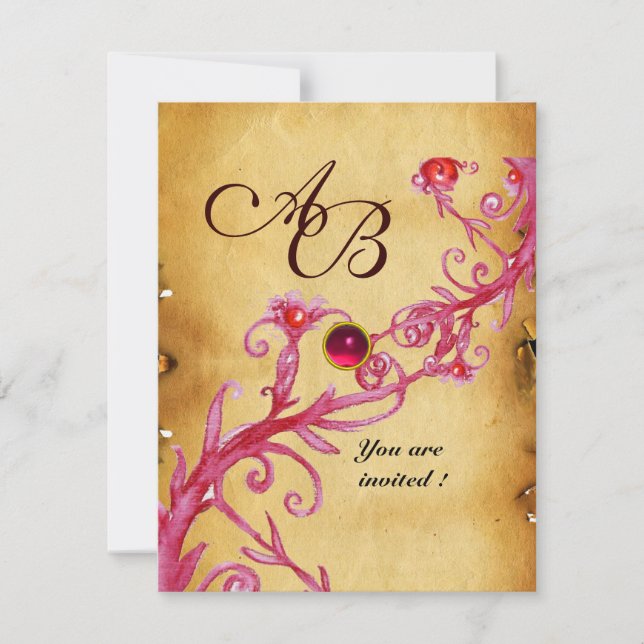 Invitación BAYAS MÁGICAS  MONOGRAMA  Parchment Rojo Rubí (Anverso)