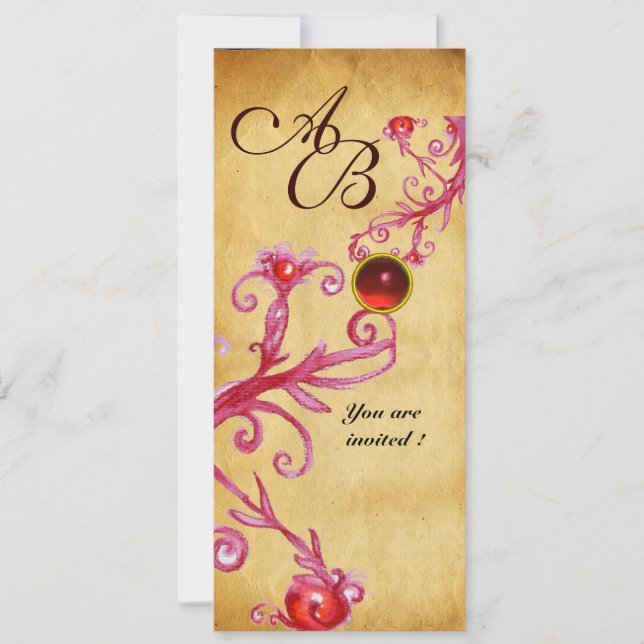 Invitación BAYAS MÁGICAS  MONOGRAMA  Parchment Rojo Rubí (Anverso)