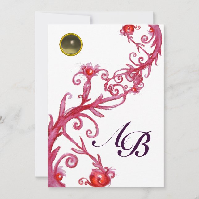 Invitación BAYAS MÁGICAS,monograma rojo gris blanco morado ne (Anverso)