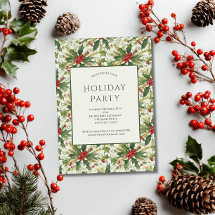 Invitación Bayas Rojas Acebo Verde Fiesta Navideña Navidad