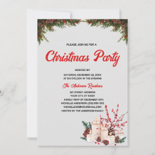 Invitación Bayas rojas acuarela, árbol pino Fiesta de Navidad