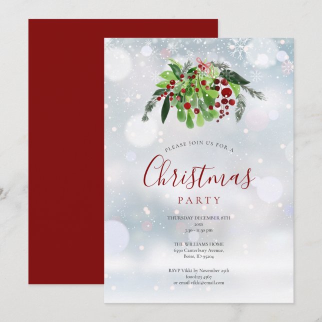 Invitación Bayas Rojas de Navidad Copos de Nieve Fiesta de Va (Anverso / Reverso)
